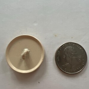 May include: A white plastic button with a loop on the top. The button is about the size of a US quarter.