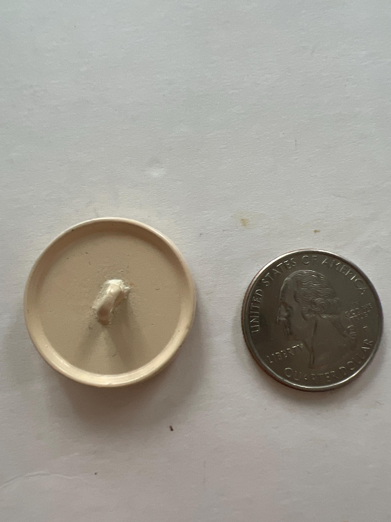 May include: A white plastic button with a loop on the top. The button is about the size of a US quarter.