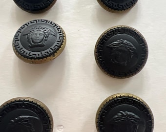 Gianni Versace Vintage Set of 6 Buttons Medusa Head & Greeck Key Engraved on Black Resine