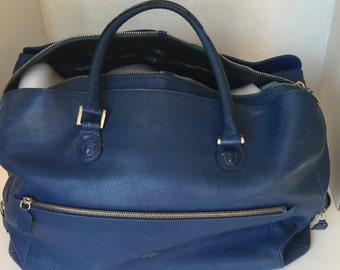 Gianni Versace Elegant Vintage French Blue Leather Week-End Travel Bag -with Silver Medusa head Hardware