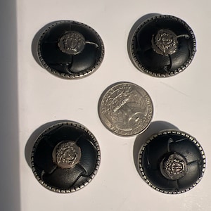 Gianni Versace Vintage Set of 4 Embossed Leather Black Buttons with Medusa head in the Center and siver circle