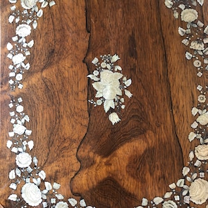 Antique  Circa 19th Century Pedestal Sewing Table  Rosewood  With Mother of Pearl Inlay Roses -Pick Up Only