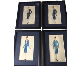 4 Fashion Gravures | Vintage Fashion Art | Set of 4 Vintage Framed Fashion Gravures from 1920 | Vintage Fashion Decor |