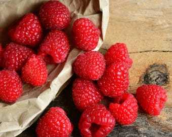 May include: A collection of fresh, bright red raspberries spilling out of a crumpled brown paper bag. The berries feature a textured, bumpy surface and are scattered across the frame, showcasing their vibrant color and rounded, hollow-centered shapes.