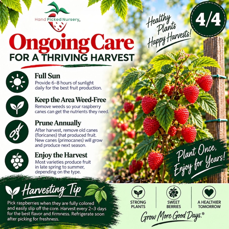 Może przedstawiać: Grafika informacyjna zatytułowana Ongoing Care for a Thriving Harvest przedstawiająca krzew malin z czerwonymi owocami i zielonymi liśćmi. Zawiera instrukcje dotyczące nasłonecznienia, odchwaszczania, przycinania i zbior&oacute;w oraz wskaz&oacute;wki.
