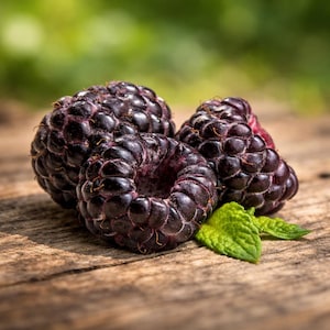 May include: Three ripe, dark purple blackberries with a textured, bumpy surface. One berry is positioned in the foreground with a hollow center, while two others are clustered behind it. A small, bright green mint leaf rests beside the fruit.