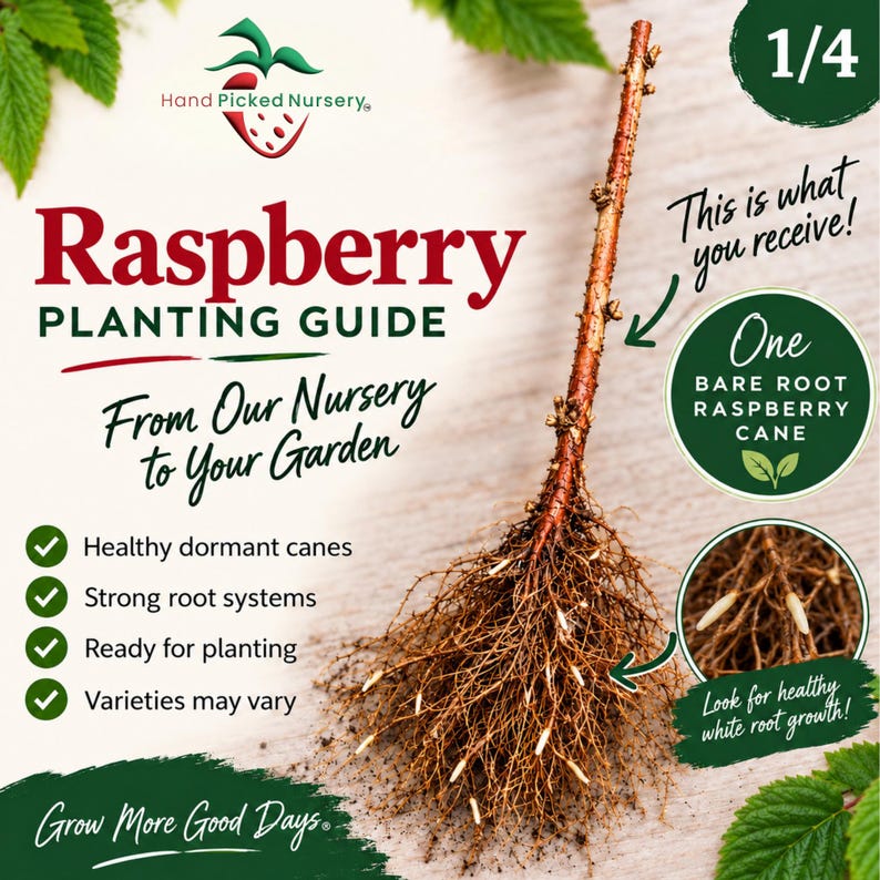 May include: A bare root raspberry cane with a brown stem and a fibrous root system featuring white root tips. The image includes text: Raspberry PLANTING GUIDE, Hand Picked Nursery, One BARE ROOT RASPBERRY CANE, and Look for healthy white root growth.