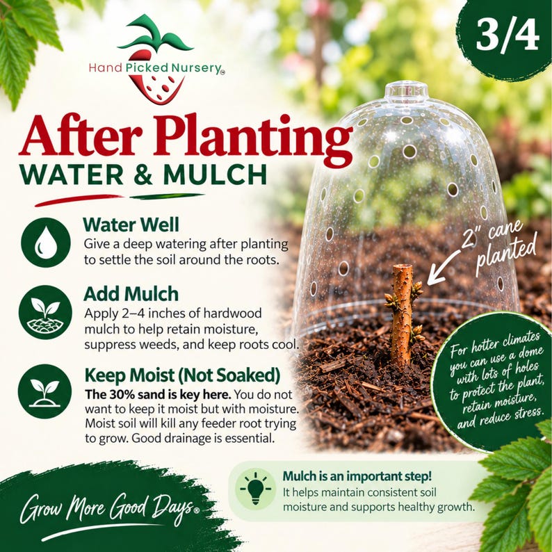 May include: An instructional graphic for plant care featuring a clear plastic dome over a 2-inch cane planted in soil. Text includes 'After Planting WATER & MULCH', 'Water Well', 'Add Mulch', 'Keep Moist (Not Soaked)', and 'Mulch is an important step!'
