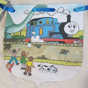 Thomas the Tank Engine upcycled paper bunting from a vintage book; Thomas and the Dinosaur