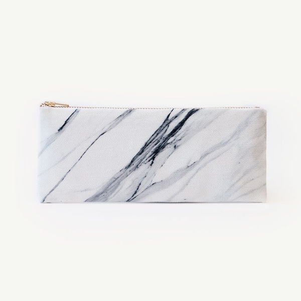 White grey marble full organic cotton pencil case, zipper pouch, white and grey, print organic fabric, marble pencil pouch, back to school