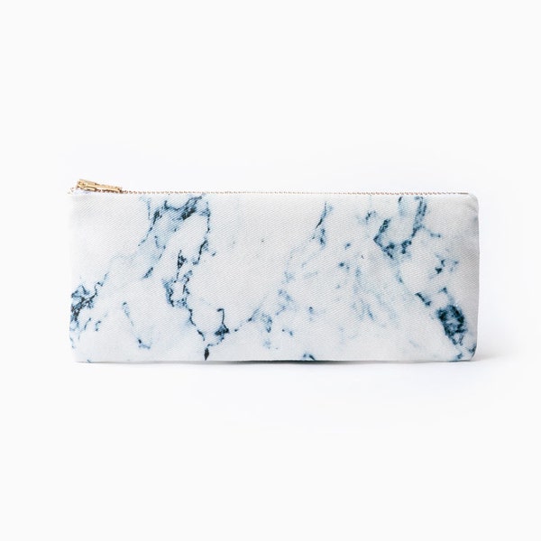 White marble organic coton pencil case, zipper pouch, white and blue, print organic fabric, marble pencil pouch, back to school