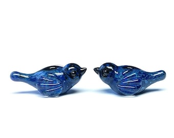 Lampwork Bird Tiny SINGLE or PAIR/ Blue Speckled Blackbird Bead/ Lampwork Beads/ Bluebird/ Loose Lampwork