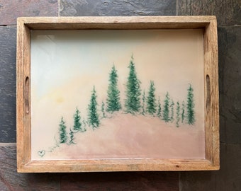 Large Wood Serving Tray with a Pine Tree Forest and Hidden Heart