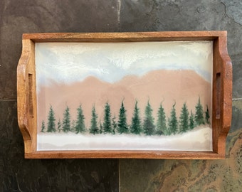 Solid Wood Serving Tray with a Pine Tree Forest and Hidden Heart