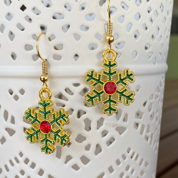 Elegant Shimmery Gold, Green and Red Snowflake Earring.