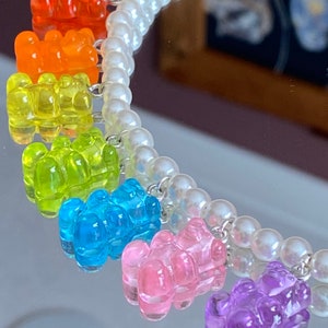 Pearl beaded necklace with Customizable Gummy Bear Charms. Rainbow, Glow in the Dark, Metallic, Pastel Skeleton, Black, White. Unique.