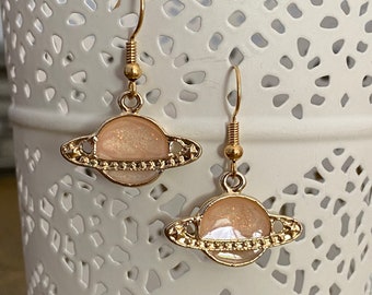 Out of this world Saturn Planet Charm earring on Gold Hook Earrings.