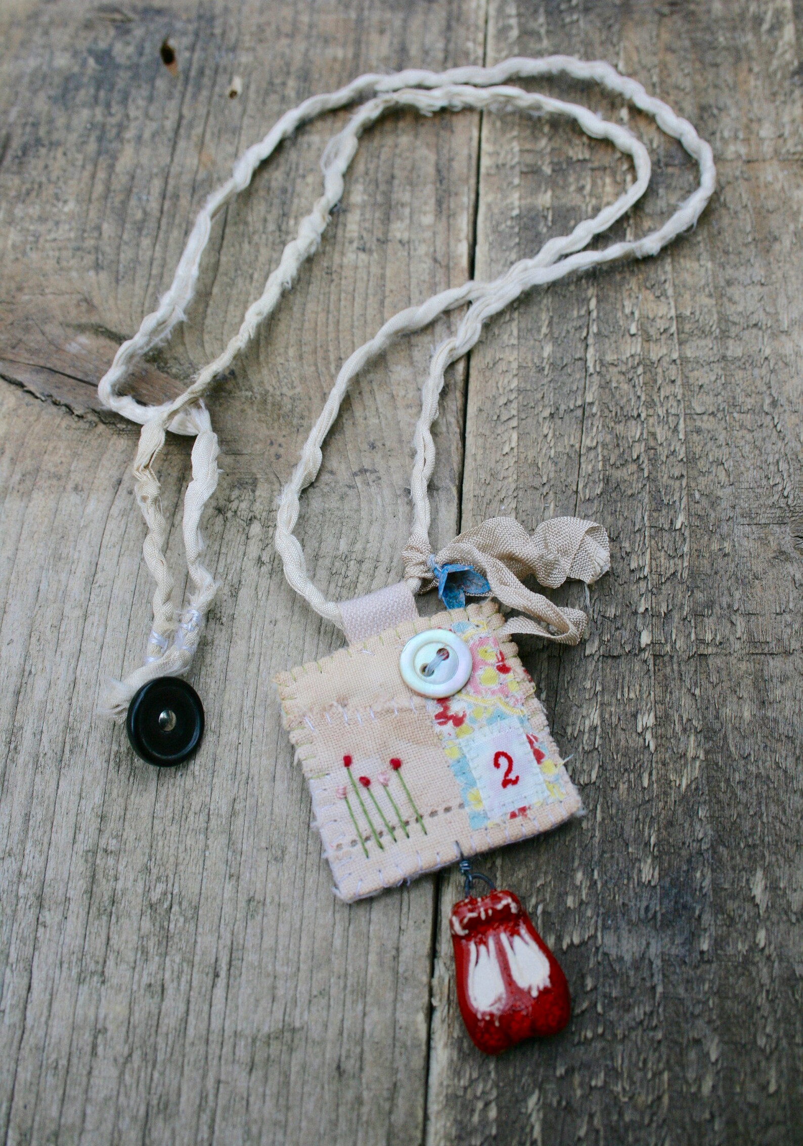 textile pendant, ballet shoe pendant, fabric pendant, fabric necklace, textile art, embroidered pendant, shoe necklace, recycled