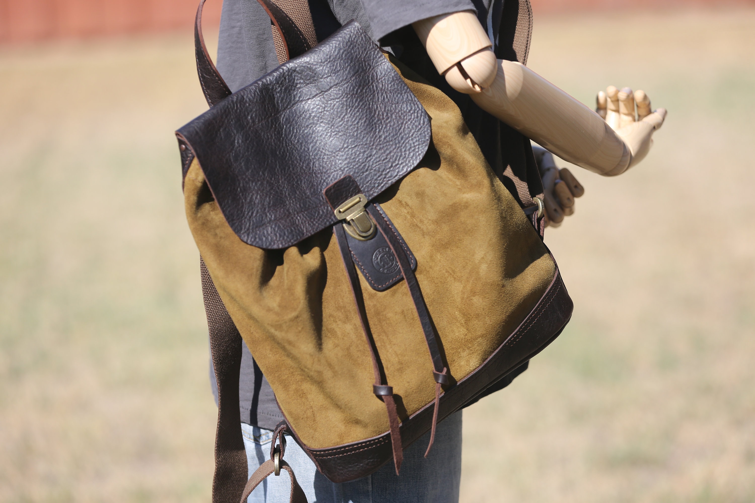 Two-Tone Olive Green & Tan Leather Backpack Tarpa | Olive Green Canvas & Dark Brown Leather Backpack  main image 2