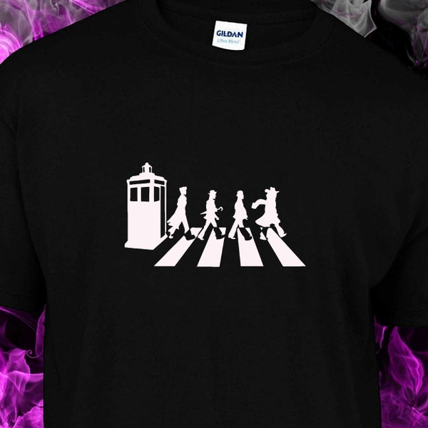 Doctor Who - All The Doctors  Meets Abbey Road The Beetles Spoof -  Black t-shirt cotton gildan crew neck custom made S-XXL