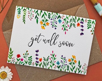 Get Well Soon Card | Get Well Card | Feel Better Card | Floral Watercolor | Blank Inside | Kraft Envelope | Greetings Card