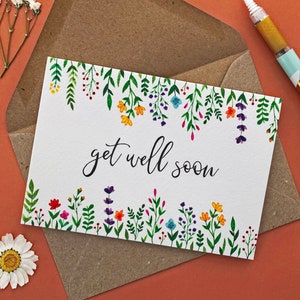 Get Well Soon Card | Get Well Card | Feel Better Card | Floral Watercolor | Blank Inside | Kraft Envelope | Greetings Card
