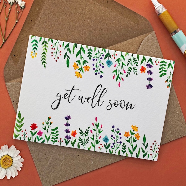 Get Well Soon Card | Get Well Card | Feel Better Card | Floral Watercolor | Blank Inside | Kraft Envelope | Greetings Card