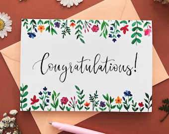 Congratulations Card | Floral Watercolor | Blank Inside | Celebration Card | Greeting Card | New Job | New Home | Proud of You