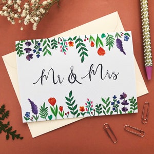 Mr & Mrs Card | Wedding Card | Floral Wedding Card | Blank Inside | Cream Envelope | Greetings Card | Watercolor Greeting Card