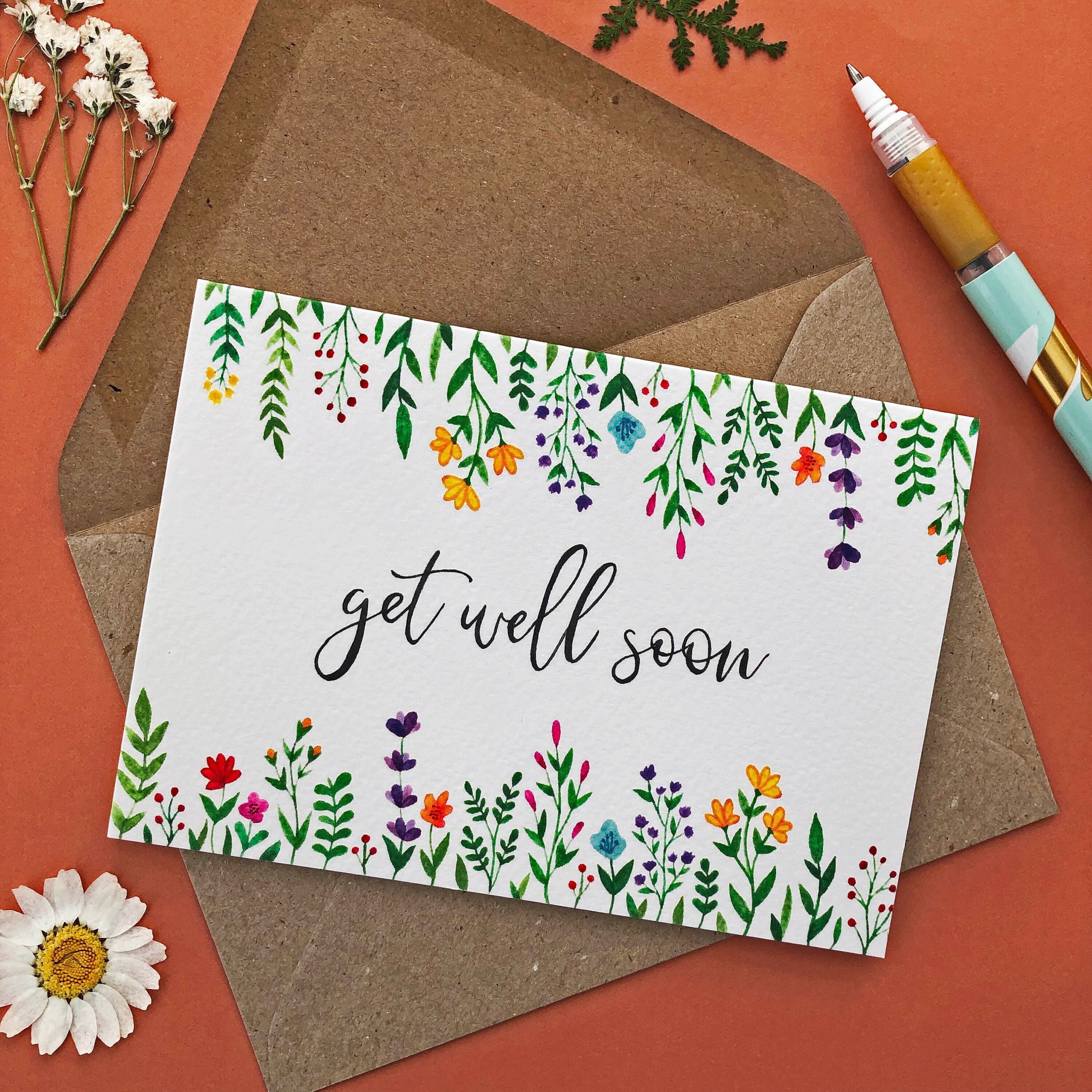 Get Well Soon Abstract Floral Watercolor Greeting Card PRINT