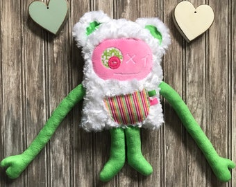 Cuddle Monster plush with bear ears, Monstre à Câlins, green and yellow, pocket with stripes, baby shower, birthday or easter gift, nursery