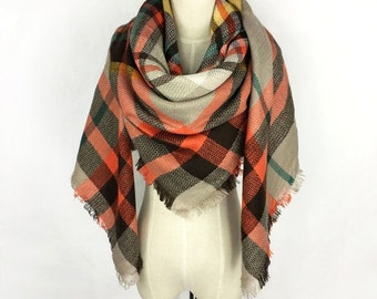 Plaid Scarf Blanket Scarf Blanket Scarf Plaid Orange Plaid Scarf Tartan Scarf Gray Blanket Scarf Oversized Scarf Winter Scarf Chunky Scarf