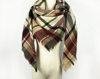 Mothers Day Gift Plaid Scarf Blanket Scarf Blanket Scarf Plaid Burgundy Scarf Tartan Scarf Brown Blanket Scarf Oversized Scarf Winter Scarf