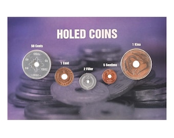 Moedas furadas | Conjunto de 5 moedas com furos | Papua Nova Guiné | Filipinas | Hungria | África Oriental | Laos
