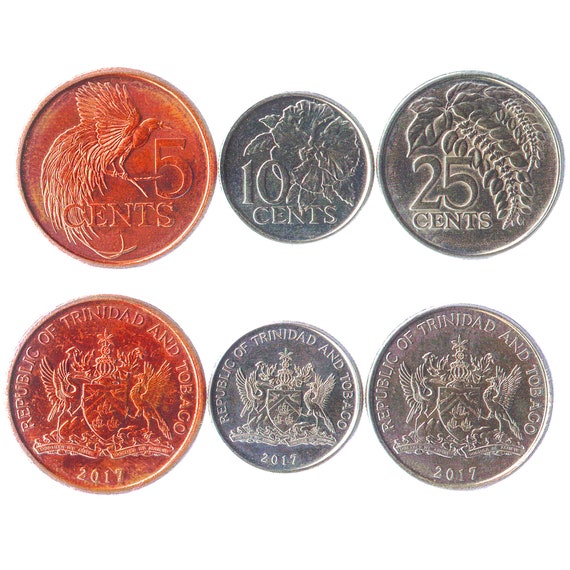 Set of 3 Coins from Trinidad and Tobago: 5, 10, 25 Cents. Collectible Caribbean Currency, Money Collection