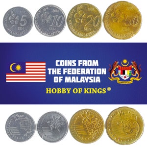 4 Coins from Malaysia. Money Set: 5, 10, 20, 50 SEN. Old Malaysian Currency