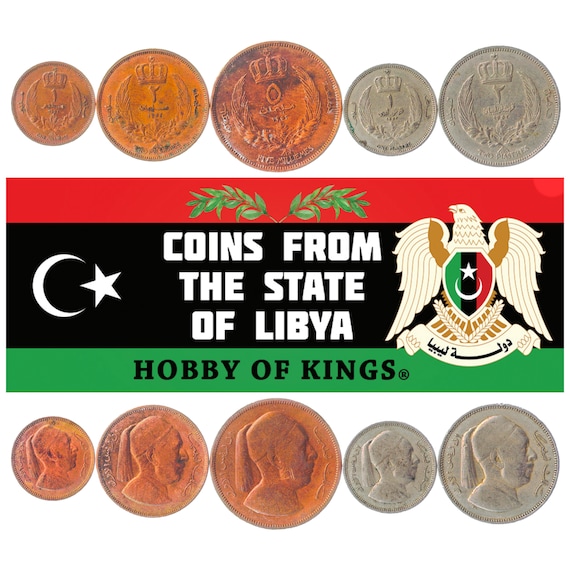 Set of 6 Coins from Kingdom of Libya. 1, 2, 5 Milliemes, 1, 2 Qirsh (Piastres). Collectible Libyan Currency, Old North African Money 1952