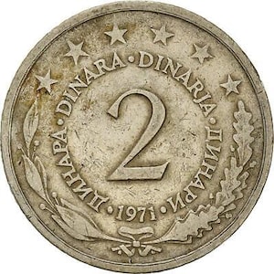 Jugosłowiańska moneta 2 dinary | Płomień | Gwiazdy | Jugosławia | 1971 - 1981