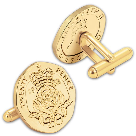 Gold plated Cufflinks with Genuine British 20 Pence Coins | Elizabeth II Coin Links | Great Britain Cuffs fasteners | Dress shirt fasteners
