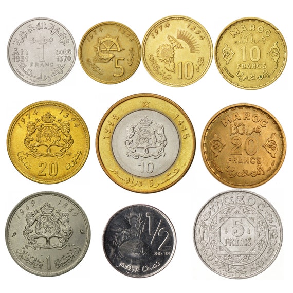 Moroccan Coins - North Africa | Old Collectible Foreign Currency | Engraved - Pentagram Lions Lotus Flower Sunflower Wheel | Morocco - 1957