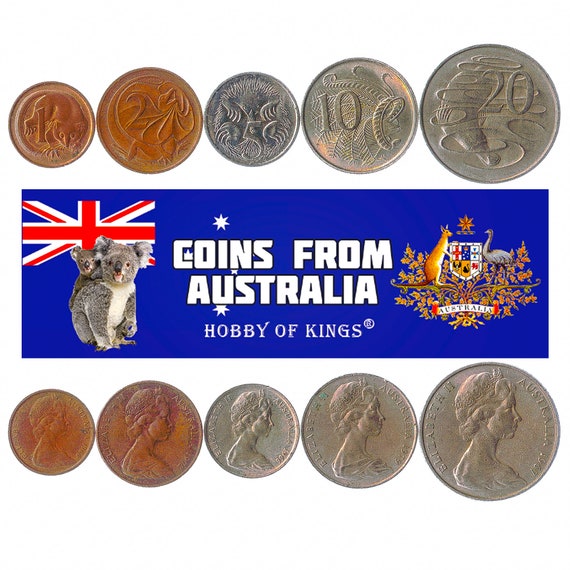 5 Australian Coins. Different Coins from Oceania. 1-20 Cents. Old Collectible Foreign Currency