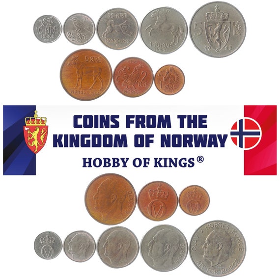 Norwegian 8 Coin Set 1 2 5 10 25 50 Øre 1 5 Kroner | King Olav V | Eurasian Elk | Horse | Black Grouse | Honey Bee | Norway | 1958 - 1973