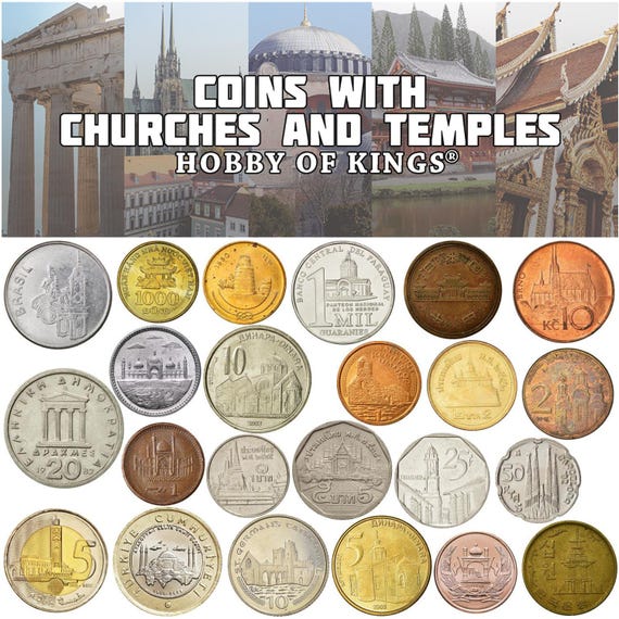 Different Coins with Houses of Worship | Church, Synagogue, Mosque, Shrine, Temple, Pagoda | Gift for Collectors and Architecture Lovers