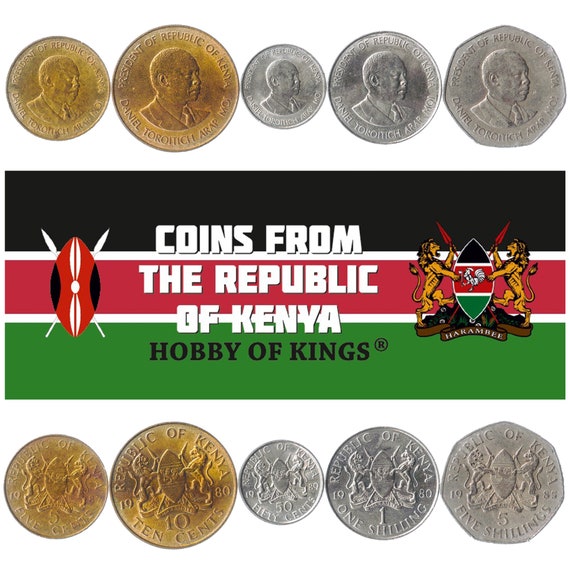 5 Coins from Kenya. Money Set: 5, 10, 50 Cents, 1, 5 Shillings. Old Collectible Kenyan Currency. 1978-1991