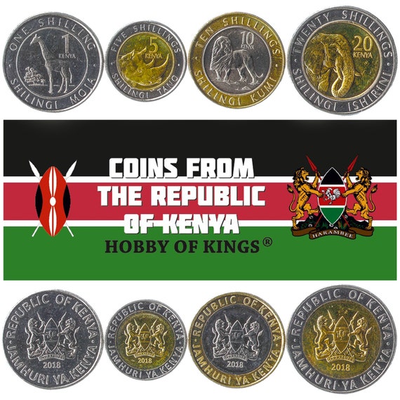 4 Coins from Kenya. Money Set: 1, 5, 10, 20 Shillings. Old Collectible Kenyan Currency. 2018. African Animals