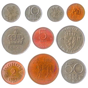 10 Different Coins from Norway. Old Collectible Norwegian Currency: Ore, Krona, Kroner. Scandinavian Money since 1958