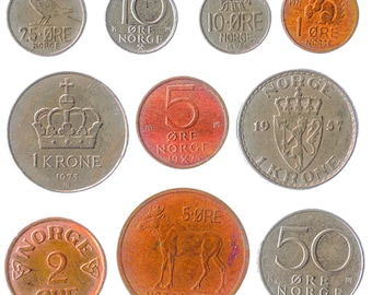 10 Different Coins from Norway. Old Collectible Norwegian Currency: Ore, Krona, Kroner. Scandinavian Money since 1958
