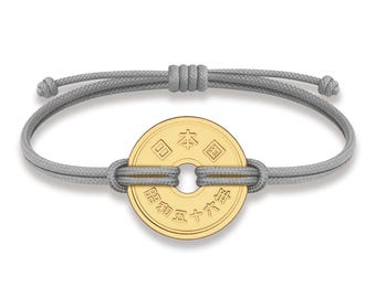 Bracelet porte-monnaie de 5 yens porte-bonheur : plaqué or 18 carats, cordon gris