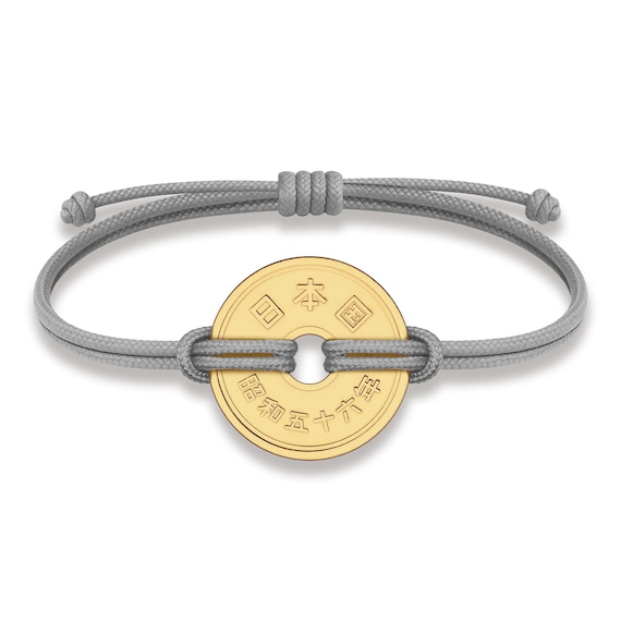 Good Luck Coin Bracelet | Gray String Thread with Lucky Japan Coin 5 Yen | 18k gold plated Fortune Wealth &  protection wristband
