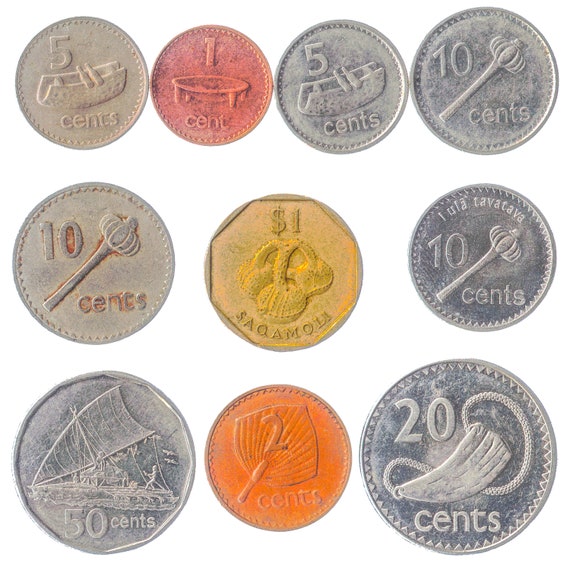 10 Different Coins from Fiji. Randomly Picked Currency: 1 Cent -1 Dollar. Old Collectible Fijian Money with Animals. Oceanian Cash